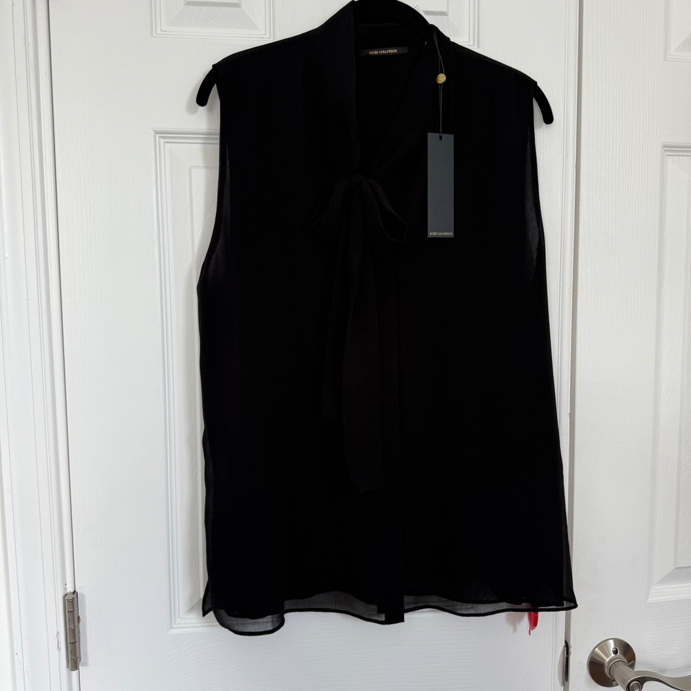 Kobi Halperin Vail Black Chiffon Sleeveless Tie Neck Pleated Back Blouse Lrg NWT